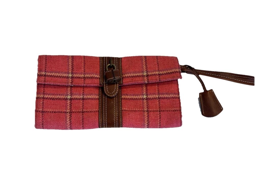 J Crew Wool Leather Plaid Pink Brown Wristlet Wallet Preppy Career Locket